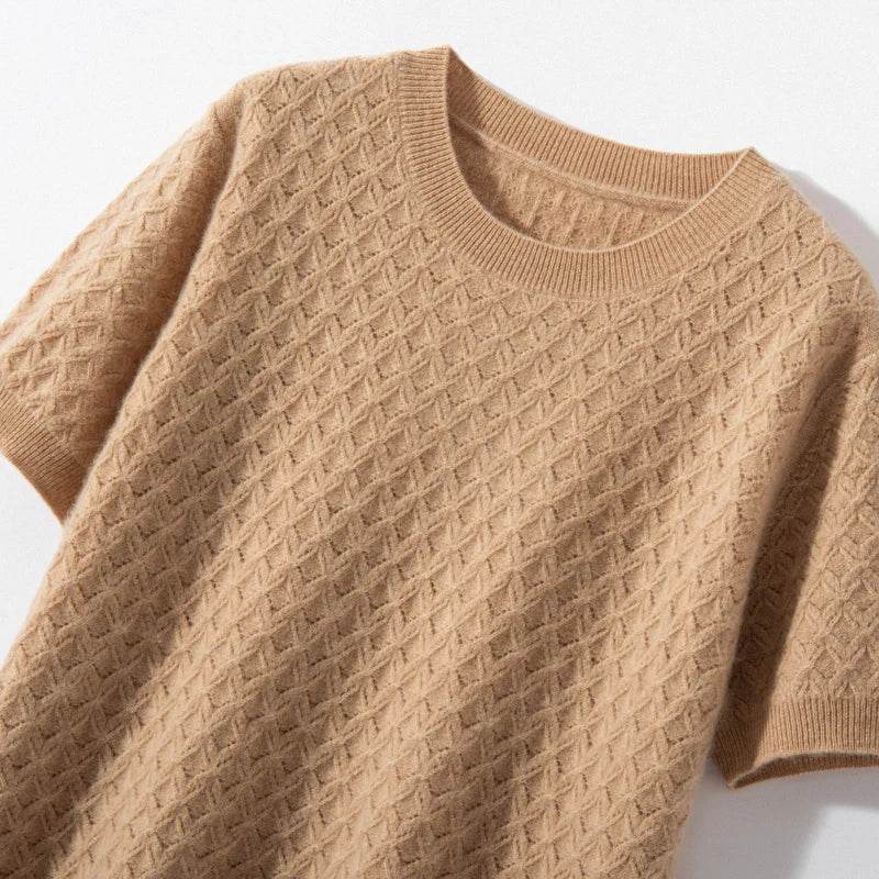 Womens Wool Knit Textured Short Sleeve Sweater 1 - AngraBech