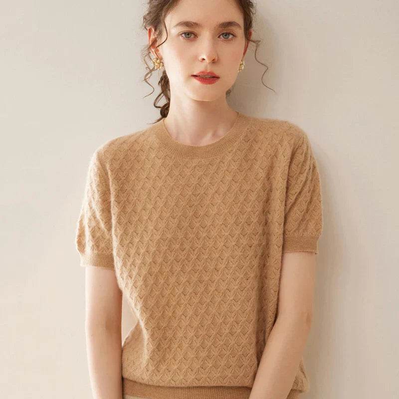 Womens Wool Knit Textured Short Sleeve Sweater 1 - AngraBech