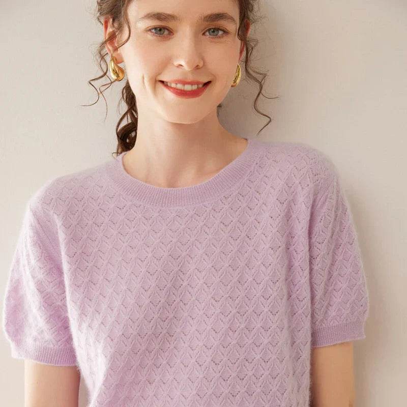 Womens Wool Knit Textured Short Sleeve Sweater 1 - AngraBech