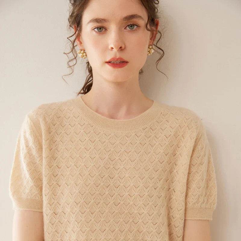 Womens Wool Knit Textured Short Sleeve Sweater 1 - AngraBech