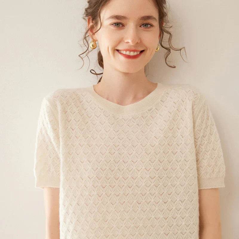 Womens Wool Knit Textured Short Sleeve Sweater 1 - AngraBech