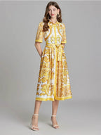 Luxury Yellow White Print Midi Dress - AngraBech