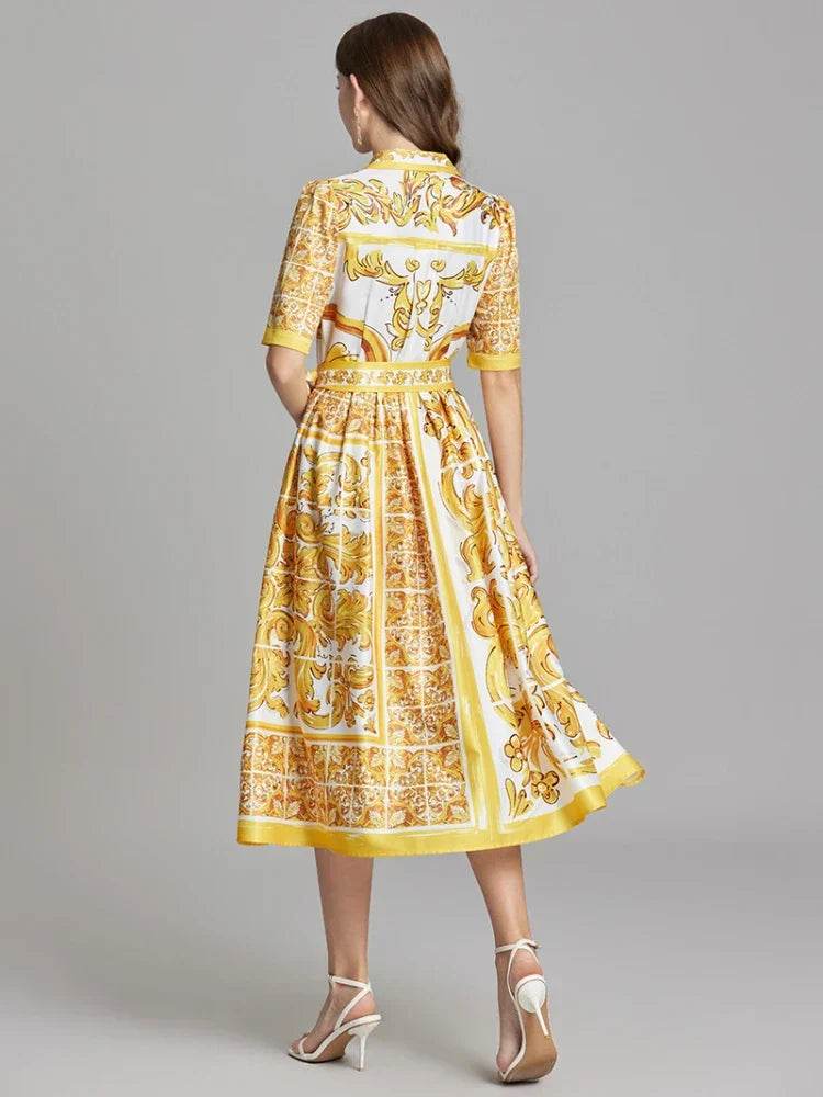 Luxury Yellow White Print Midi Dress - AngraBech