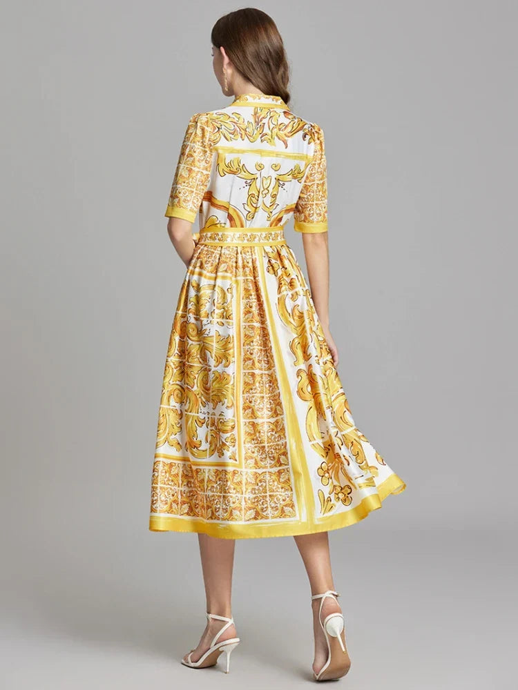 Yellow & White Print Midi Shirt Dress