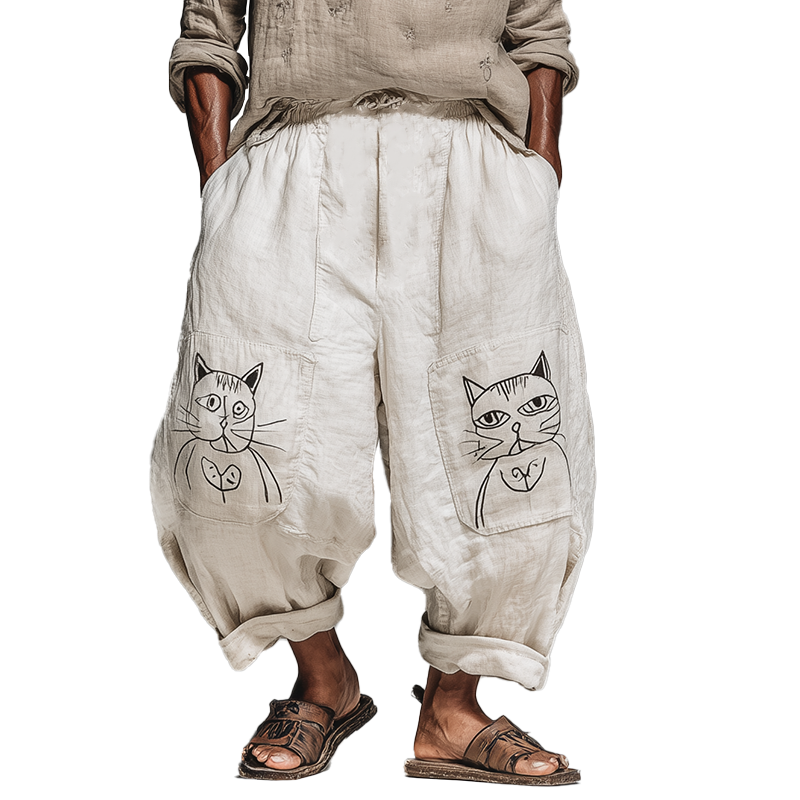 Mens Summer Fashion Cat Print Cotton And Linen Bloomers Mta2004f6p