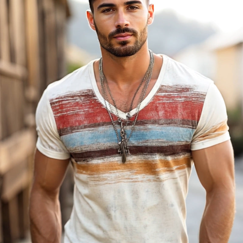 Mens Retro Casual Shabby Striped Printed V Ne Short Sleeve T Shirt Mta2517d8to