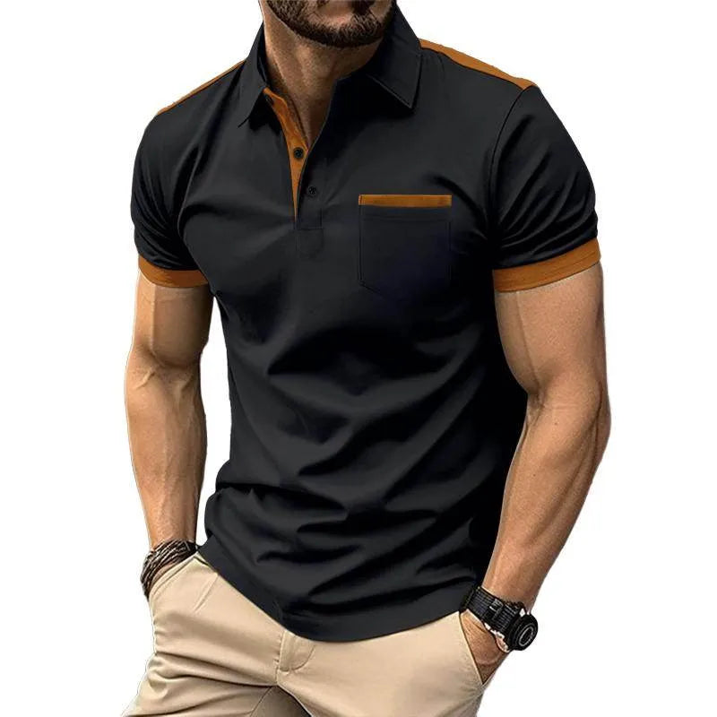 Mens Colorblo Chest Poet Lapel Short Sleeve Polo Shirt - AngraBech