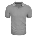 Mens Solid Striped Lapel Short Sleeve Polo Shirt - AngraBech