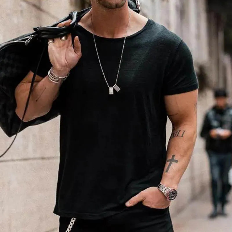 Mens Casual Solid Color Loose Round Ne Short Sleeve T Shirt - AngraBech