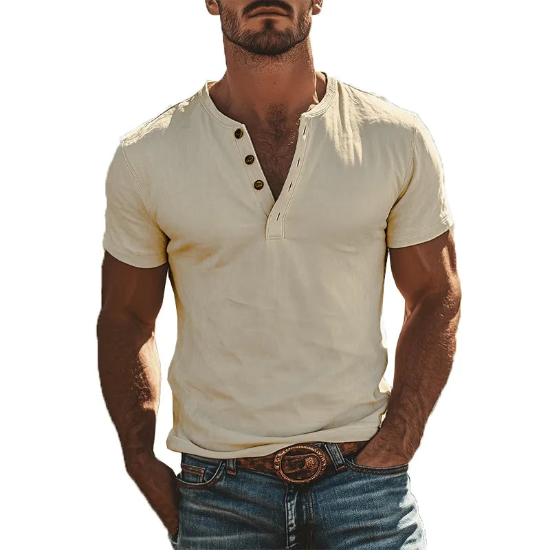 Mens Classic American Vintage Henley Collar Suede Short Sleeve T Shirt - AngraBech