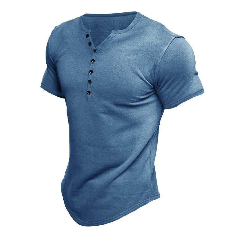 Mens Short Sleeve Solid Color Button Down Henley - AngraBech