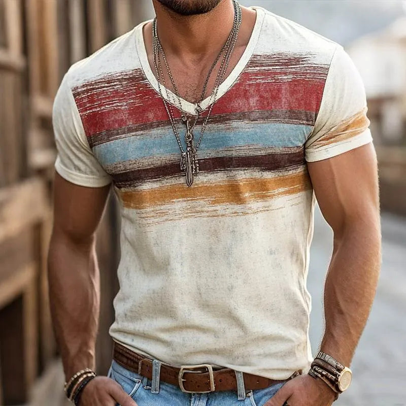 Mens Retro Casual Shabby Striped Printed V Ne Short Sleeve T Shirt - AngraBech