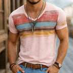 Mens Retro Casual Shabby Striped Printed V Ne Short Sleeve T Shirt - AngraBech