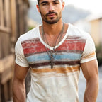 Mens Retro Casual Shabby Striped Printed V Ne Short Sleeve T Shirt - AngraBech