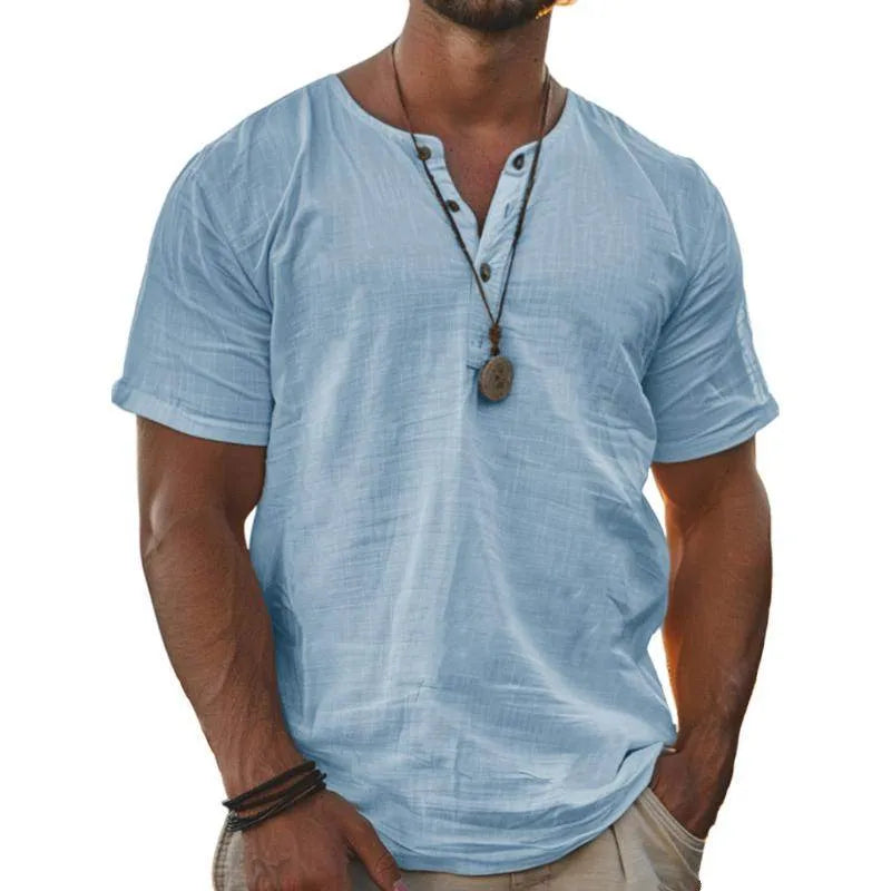 Mens Solid Henley Short Sleeve T Shirt - AngraBech