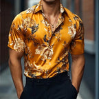 Mens Retro Casual Printed Floral Lapel Short Sleeve Shirt - AngraBech