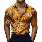 Mens Retro Casual Printed Floral Lapel Short Sleeve Shirt - AngraBech