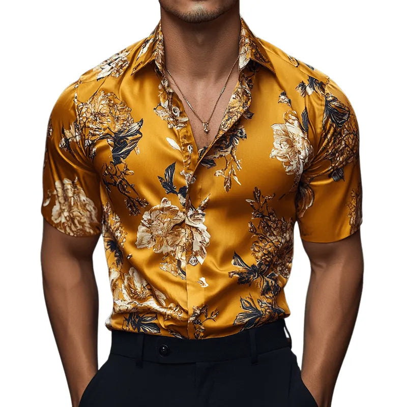 Mens Retro Casual Printed Floral Lapel Short Sleeve Shirt - AngraBech