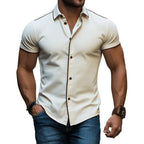 Mens Casual Premium Cotton Contrast Trim Lapel Single Breasted Slim Fit Short Sleeve Shirt - AngraBech