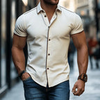 Mens Casual Premium Cotton Contrast Trim Lapel Single Breasted Slim Fit Short Sleeve Shirt - AngraBech