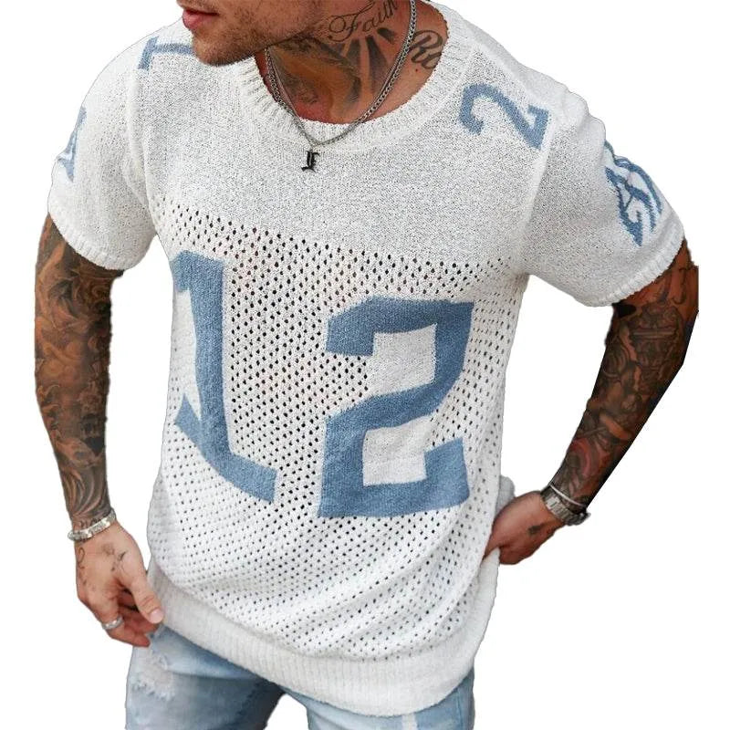 Mens Sport Lettering Jacquard Crew Ne Short Sleeve Sweater - AngraBech