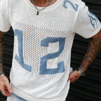 Mens Sport Lettering Jacquard Crew Ne Short Sleeve Sweater - AngraBech