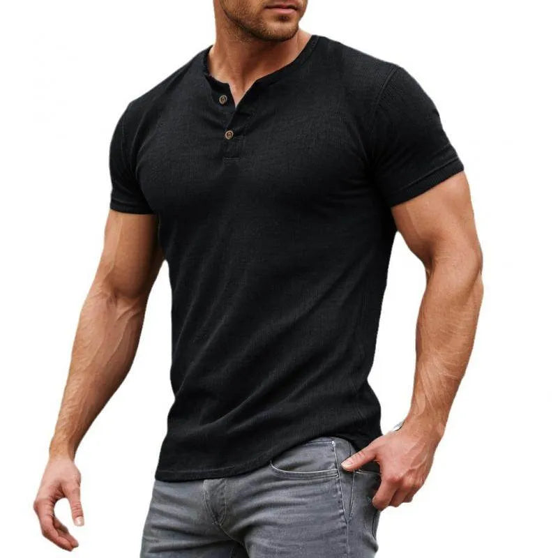 Mens Casual Solid Cotton Blend Slim Fit Henley Ne Short Sleeve T Shirt - AngraBech