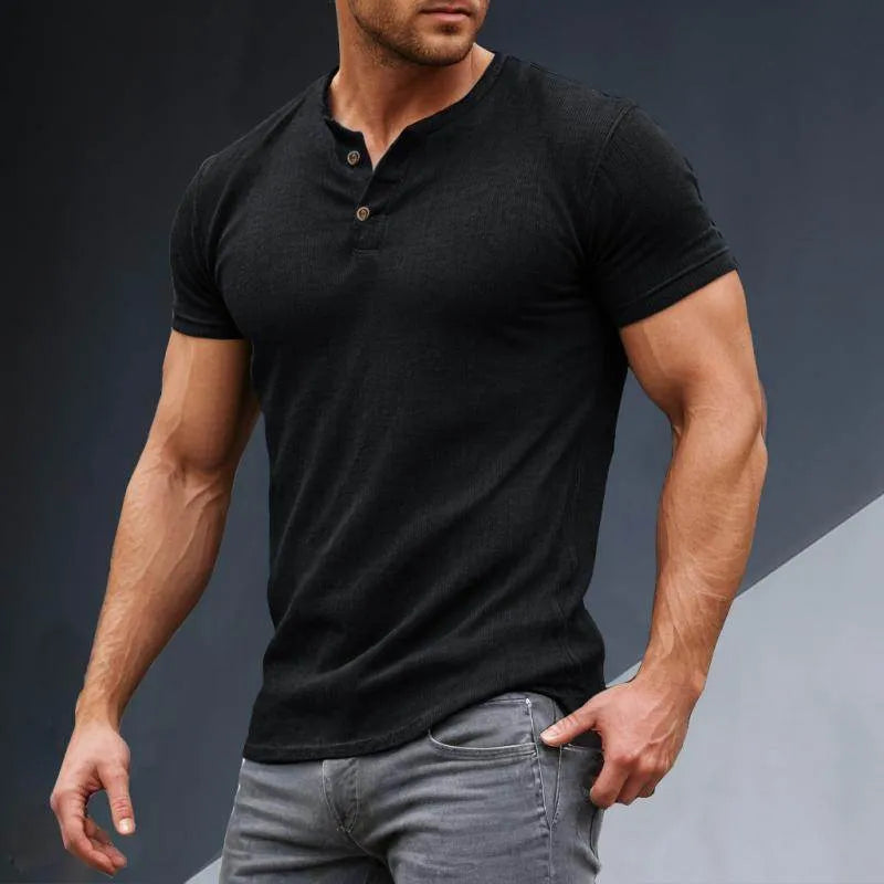 Mens Casual Solid Cotton Blend Slim Fit Henley Ne Short Sleeve T Shirt - AngraBech