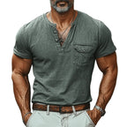 Mens Washed Poet Solid Color Short Sleeve Denim Henley T Shirt - AngraBech