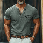 Mens Washed Poet Solid Color Short Sleeve Denim Henley T Shirt - AngraBech