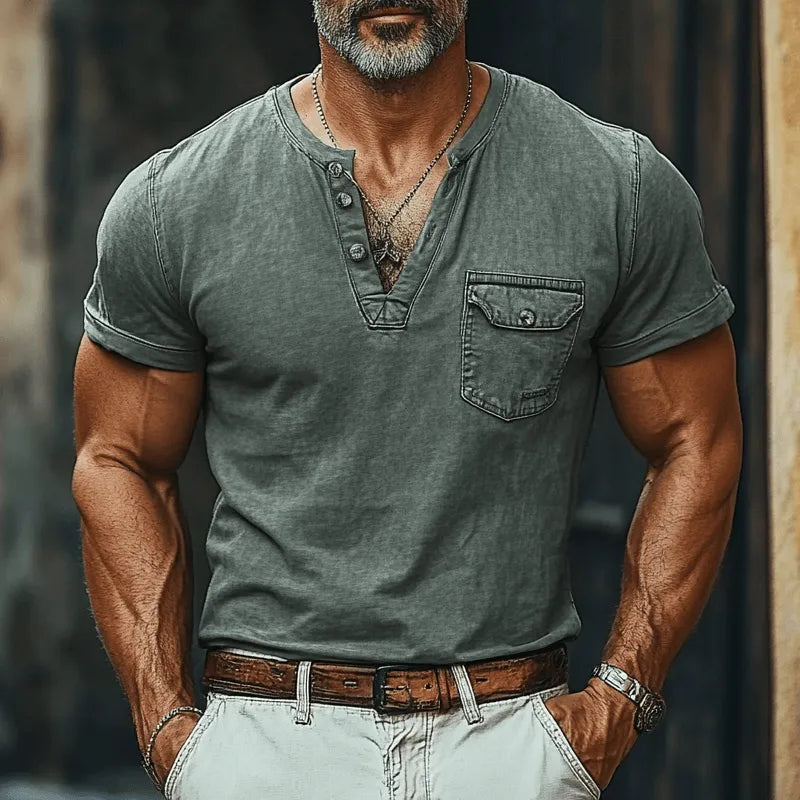 Mens Washed Poet Solid Color Short Sleeve Denim Henley T Shirt - AngraBech