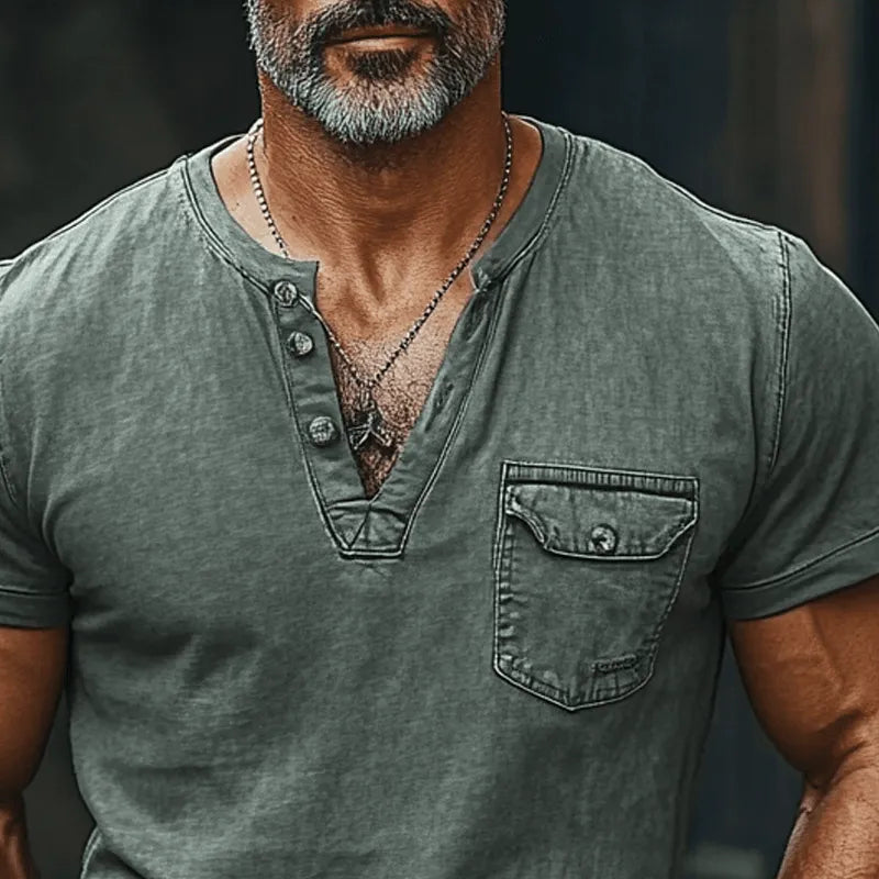 Mens Washed Poet Solid Color Short Sleeve Denim Henley T Shirt - AngraBech