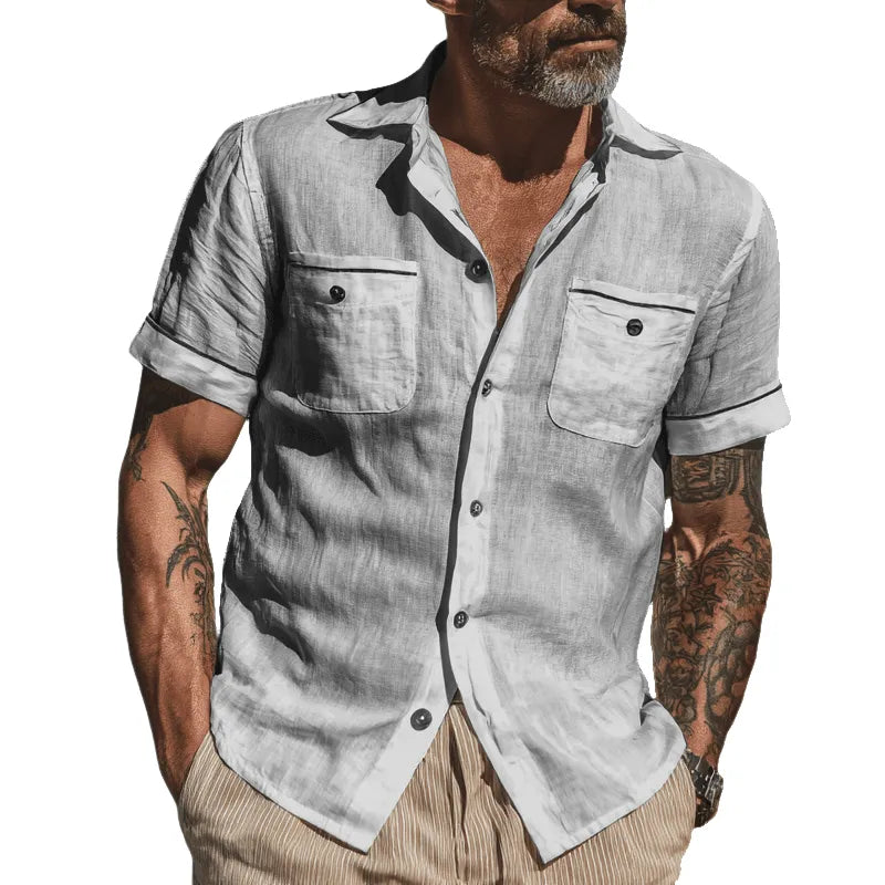 Mens Cotton Multi Poet Solid Color Short Sleeve Shirt - AngraBech