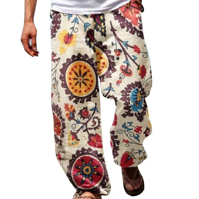 Mens Vintage Loose Printed Drawstring Pants - AngraBech