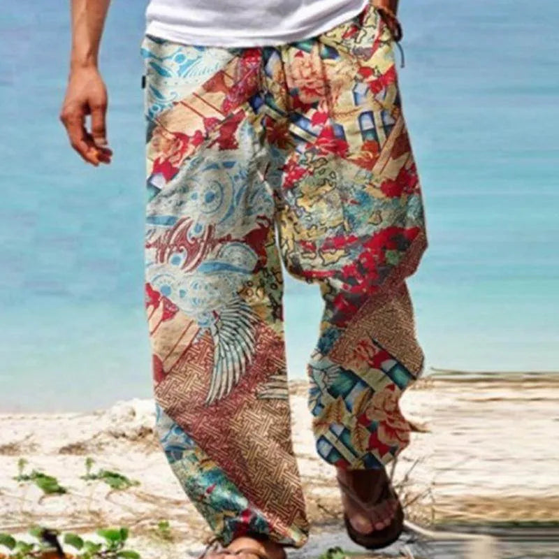 Mens Vintage Loose Printed Drawstring Pants - AngraBech