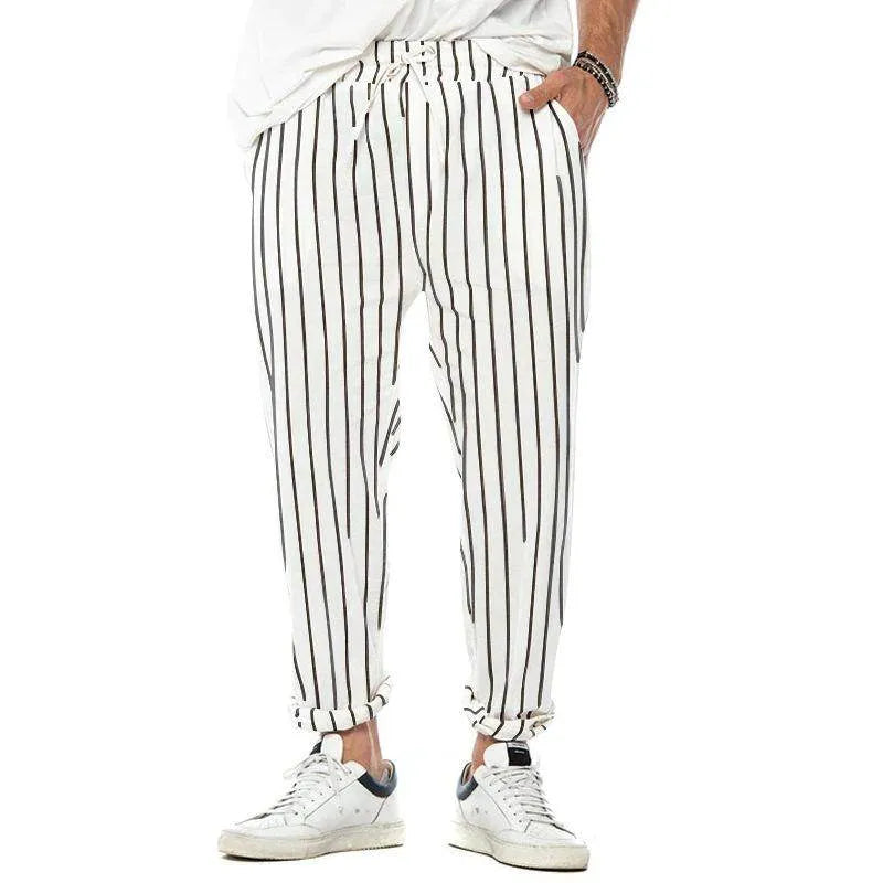 Mens Vertical Striped Cotton And Linen Straight Loose Trendy Casual Trousers - AngraBech