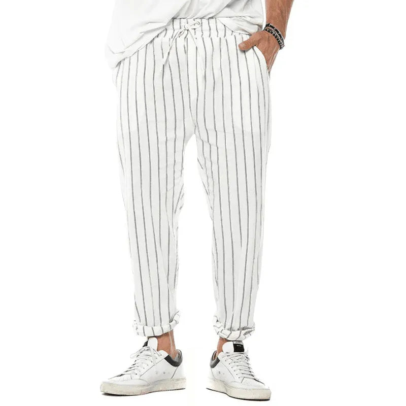 Mens Vertical Striped Cotton And Linen Straight Loose Trendy Casual Trousers - AngraBech
