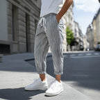 Mens Casual Cotton Blend Striped Elastic Waist Tapered Pants - AngraBech