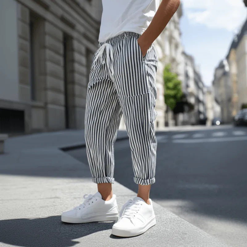 Mens Casual Cotton Blend Striped Elastic Waist Tapered Pants - AngraBech