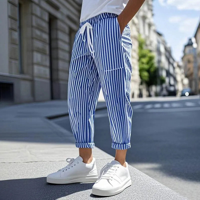 Mens Casual Cotton Blend Striped Elastic Waist Tapered Pants - AngraBech