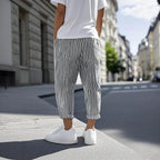 Mens Casual Cotton Blend Striped Elastic Waist Tapered Pants - AngraBech