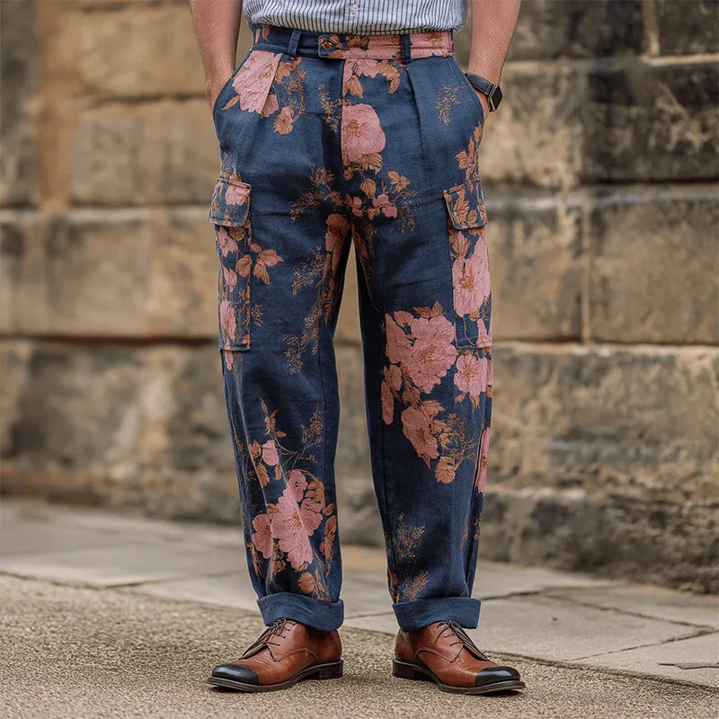 Mens Vintage Casual Large Floral Print Poet Pants - AngraBech