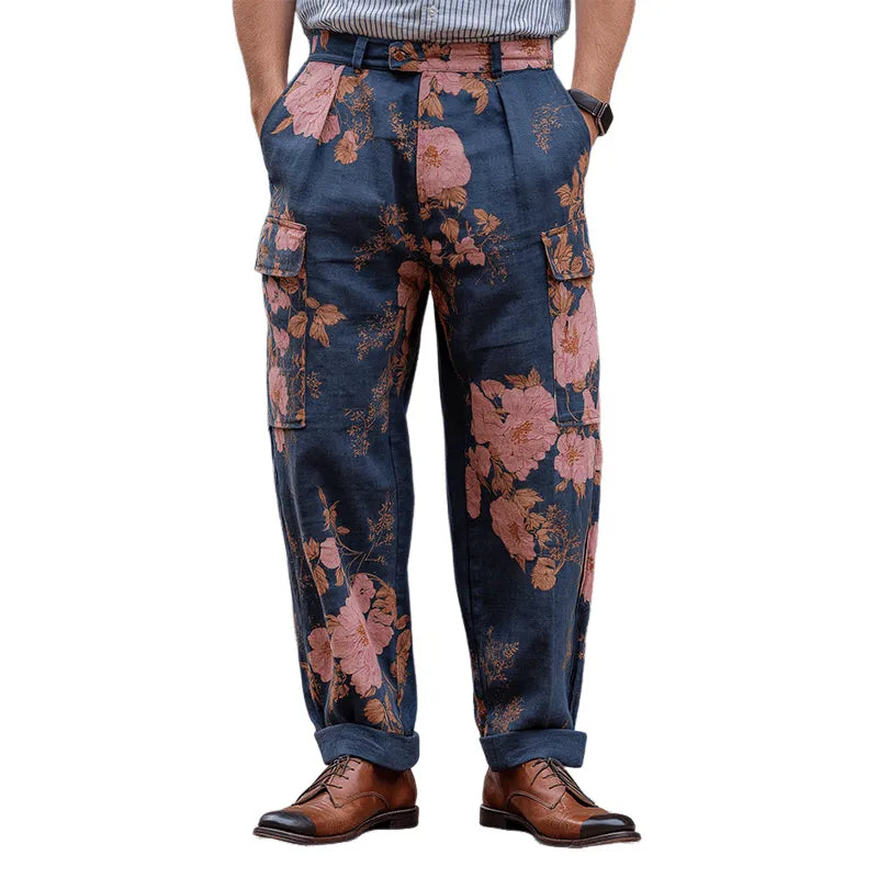 Mens Vintage Casual Large Floral Print Poet Pants - AngraBech