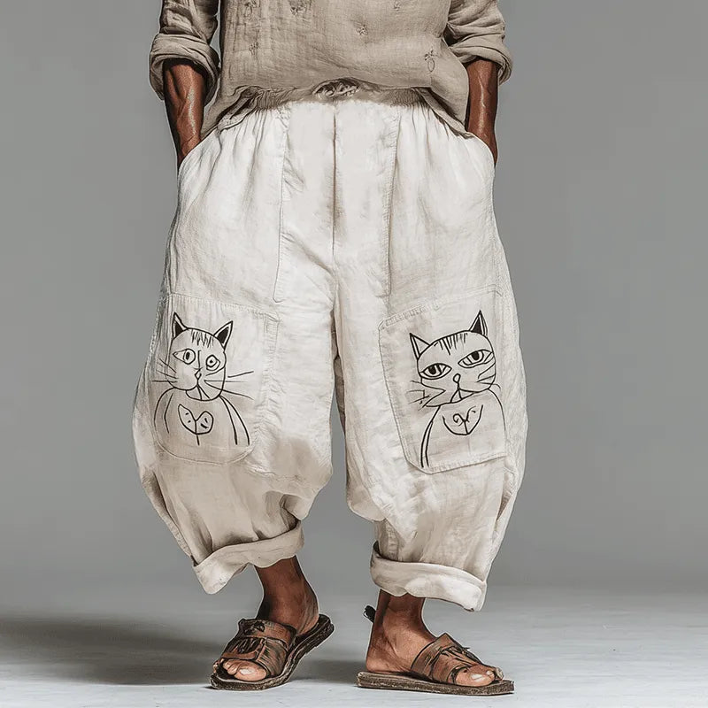 Mens Summer Fashion Cat Print Cotton And Linen Bloomers - AngraBech