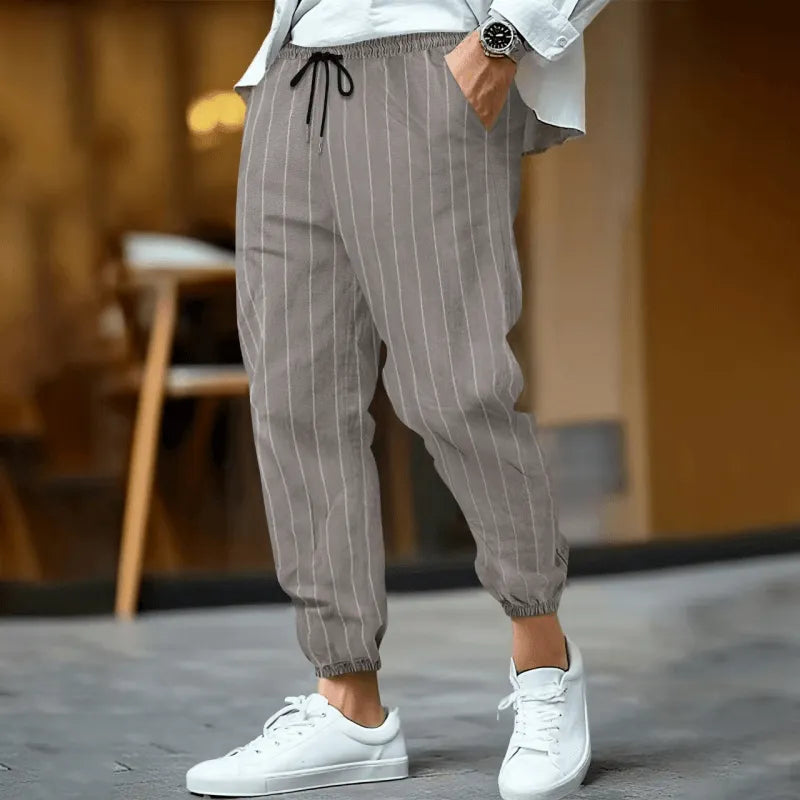 Mens Casual Breaable Cotton Linen Striped Elastic Waist Loose Cuff Pants - AngraBech