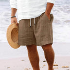 Mens Cotton And Linen Striped Beach Drawstring Shorts - AngraBech