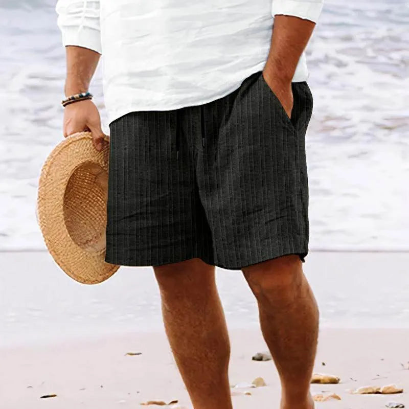 Mens Cotton And Linen Striped Beach Drawstring Shorts - AngraBech