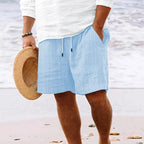 Mens Cotton And Linen Striped Beach Drawstring Shorts - AngraBech