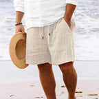 Mens Cotton And Linen Striped Beach Drawstring Shorts - AngraBech