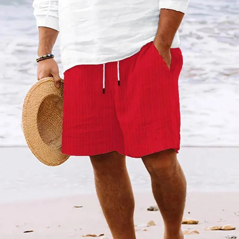 Mens Cotton And Linen Striped Beach Drawstring Shorts - AngraBech